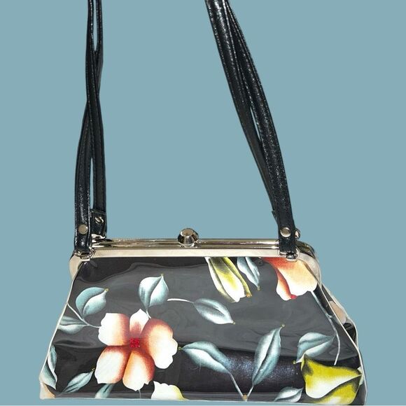 Adorable black patten leather look satchel white clasp closure! - Picture 3 of 17